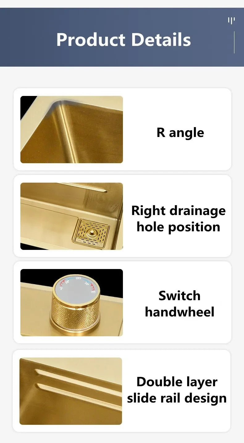 Gold Stainless Steel Kitchen Waterfall Sink