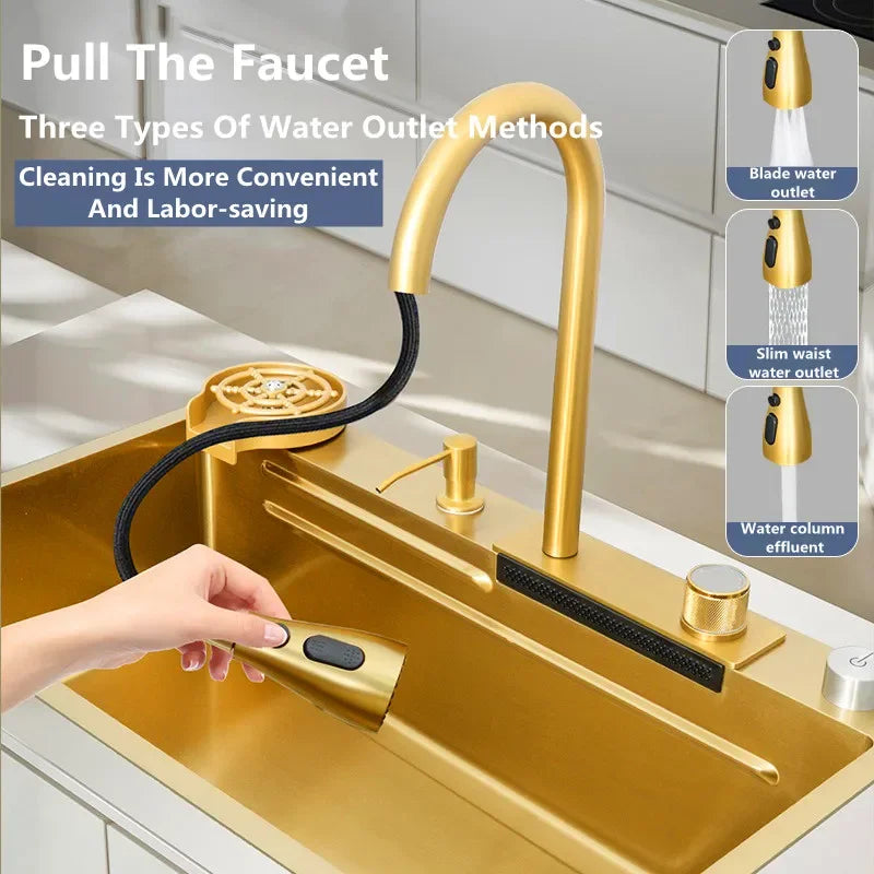 Gold Stainless Steel Kitchen Waterfall Sink