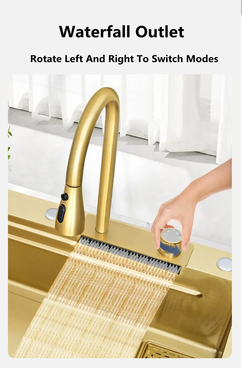 Gold Stainless Steel Kitchen Waterfall Sink