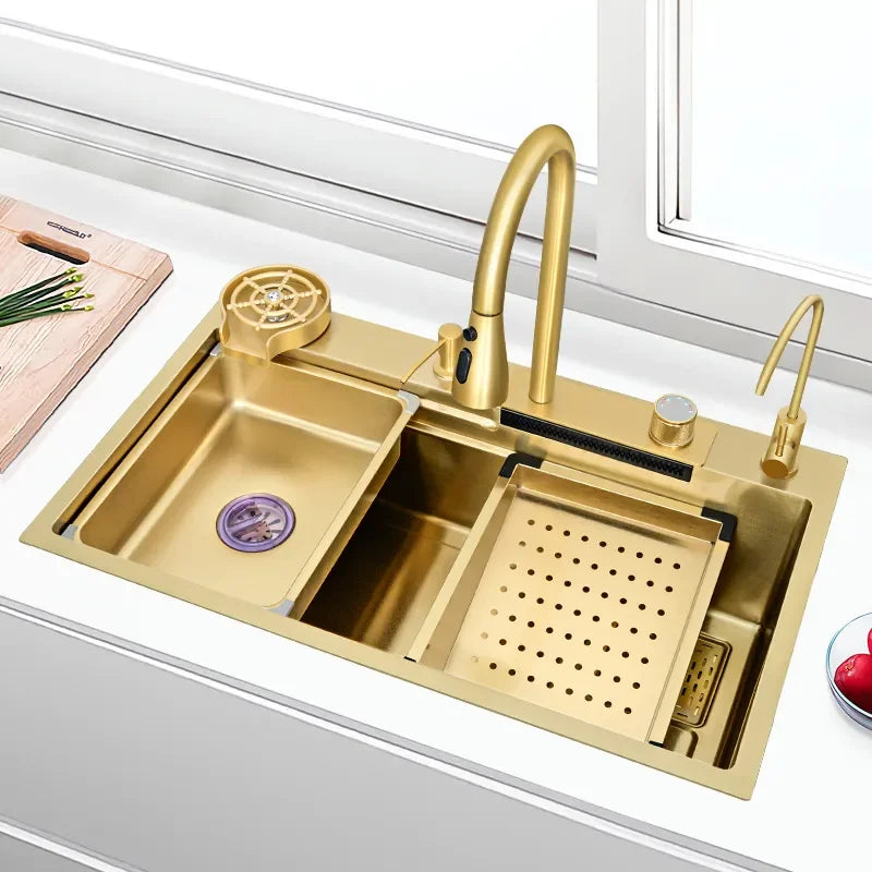 Gold Stainless Steel Kitchen Waterfall Sink